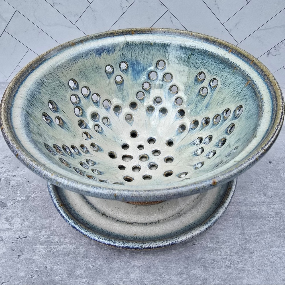Vintage Berry Bowl Colander Saucer Set Blue Glaze by Raincreek Pottery Pam Buck